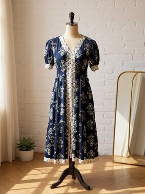LAPIS BOHO Prairie Tiered Midi Dress‎ Short Sleeve Empire Waist Sz M #267G